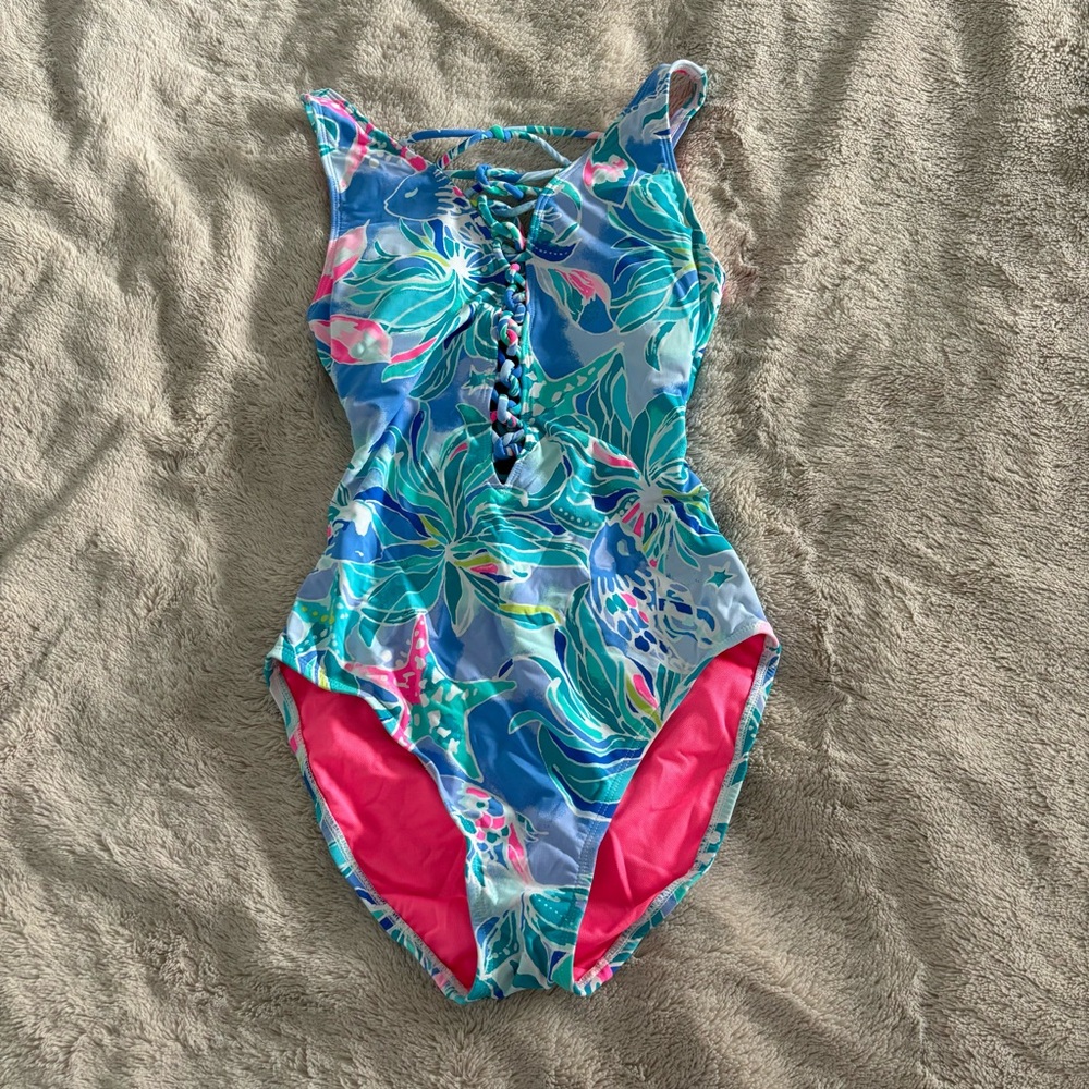 Lilly Pulitzer Isle Lattice One Piece in Bonnet Blue Celestial Seas